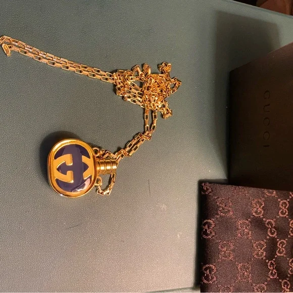 Gucci Gold and Blue Logo Necklace. New in box. - Picture 4 of 5